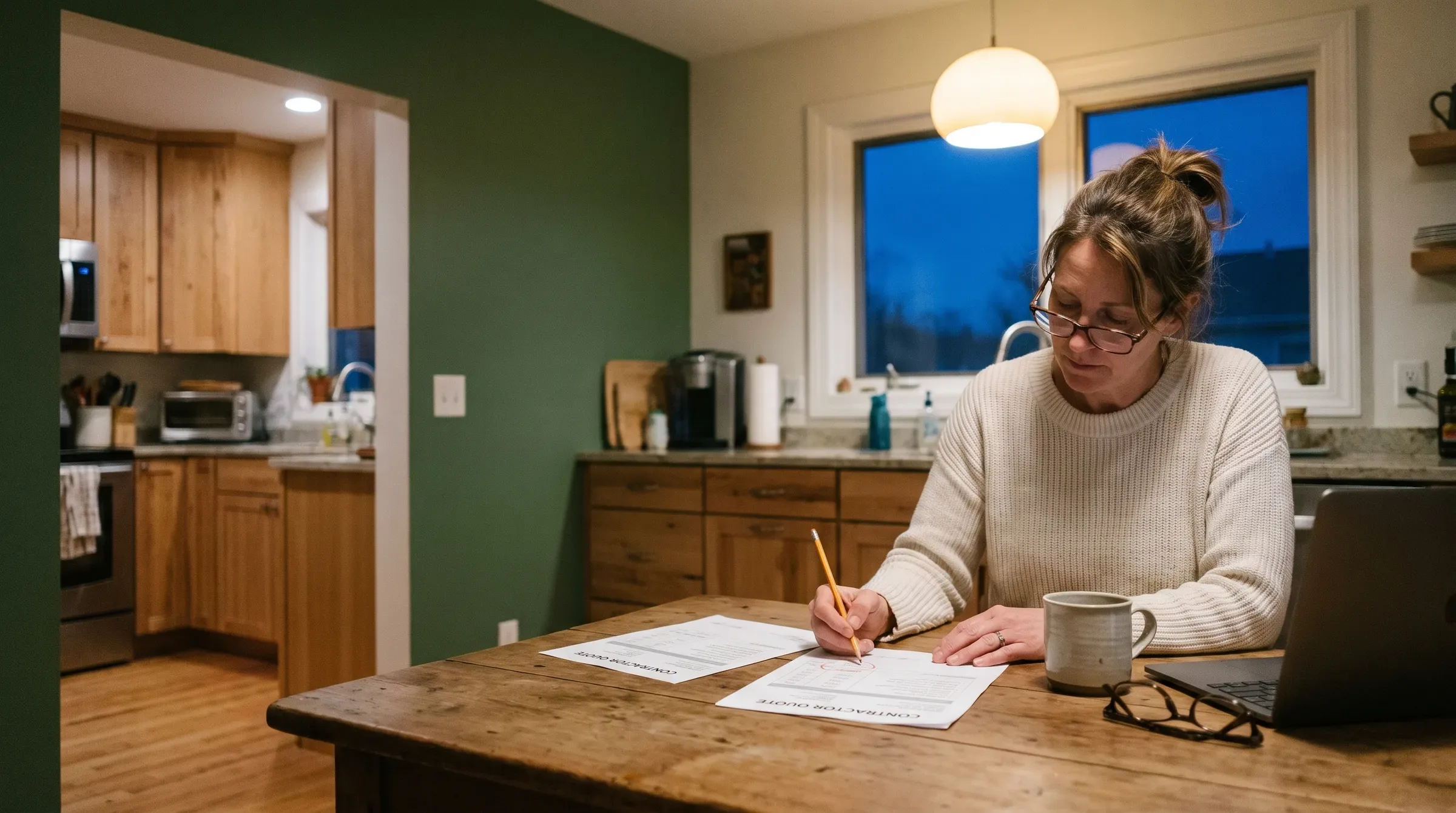 A homeowner at a kitchen table at dusk circling a line on a printed contractor quote