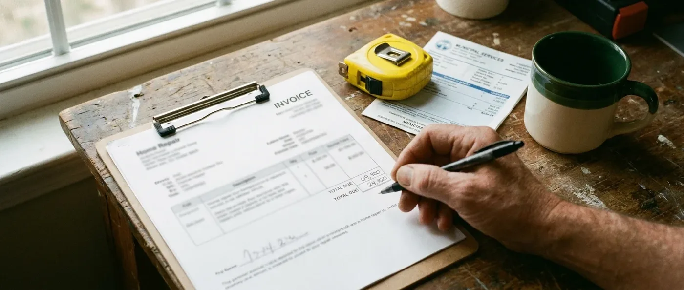 A hand with a pen over a printed repair invoice on a workbench
